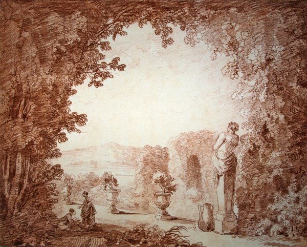 Utsikt over en hage med statuer (rødt kritt på papir) av Hubert Robert
