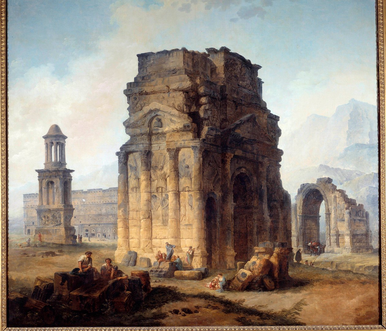 Utsikt over Triumfbuen og teateret for oransjemaleri av Hubert Robert (1733-1808) 1700-talls sol. 2,42x2,42 m av Hubert Robert