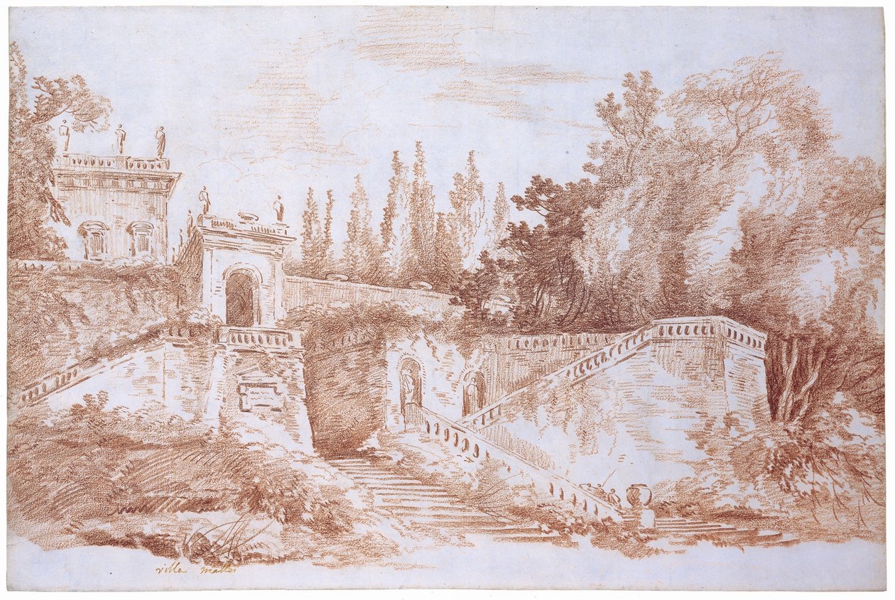 Utsikt over hagene ved Villa Mattei av Hubert Robert