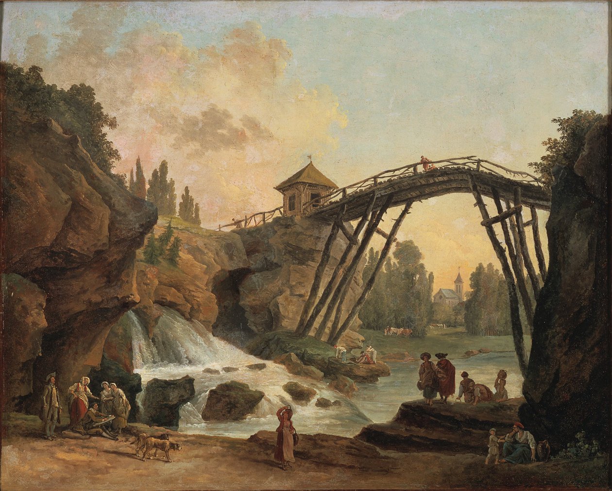Utsikt over grotten og den rustikke broen i landskapshagen i Méréville av Hubert Robert