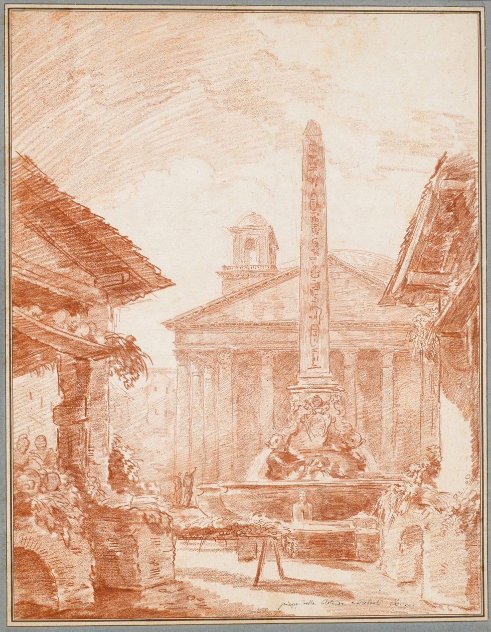 Utsikt over Piazza della Rotonda i Roma med Tritons-fontenen og Pantheon-fasaden av Hubert Robert