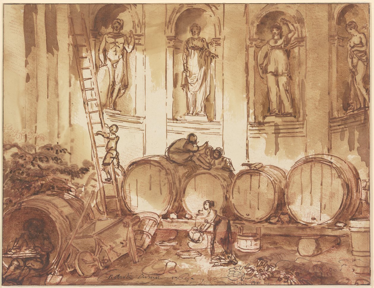 Vinlager i en nisjehall med fire statuer av antikke guddommer av Hubert Robert