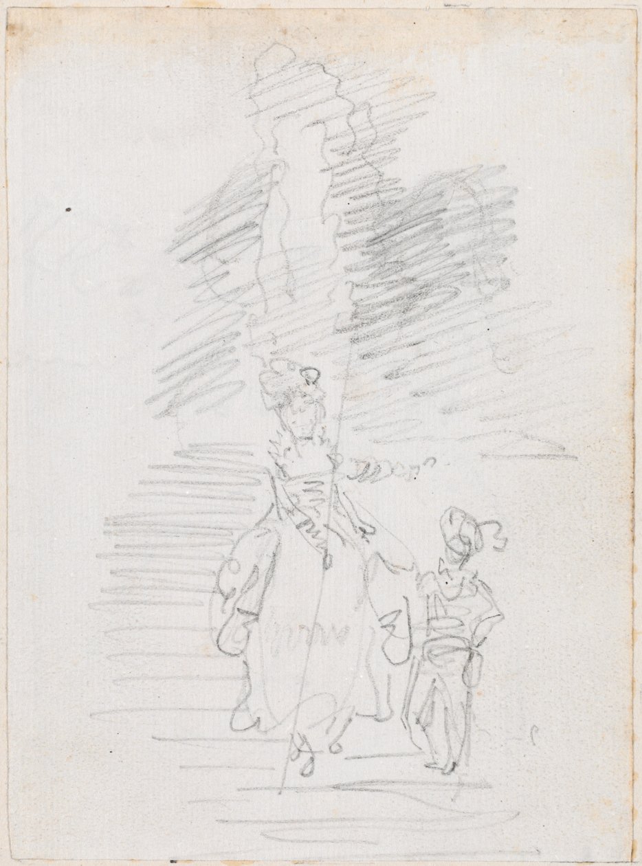 Kvinne og mindre mannlig figur på Grand Stairway [recto] av Hubert Robert