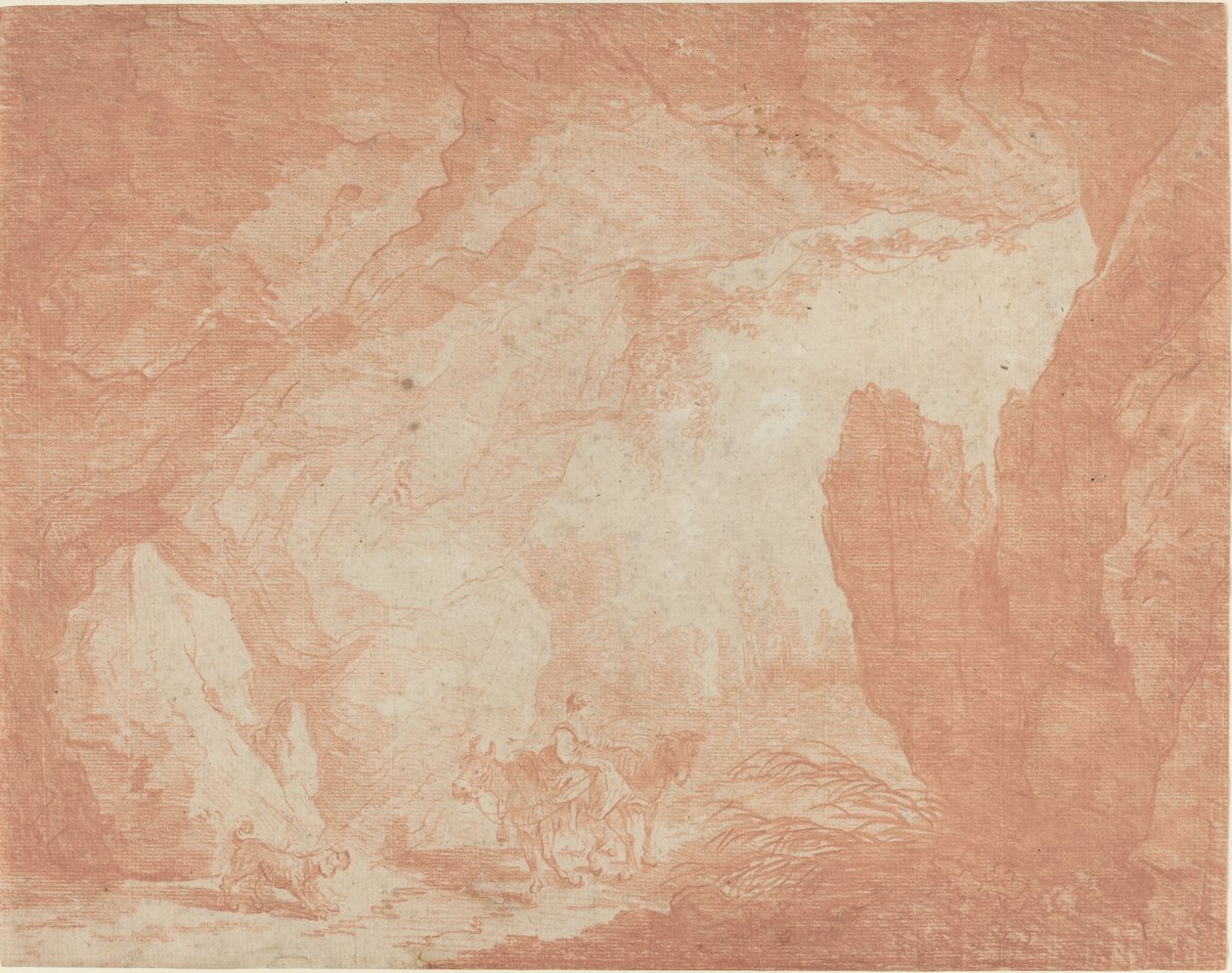 Ung kvinne med esler som rir under en naturlig bro av Hubert Robert
