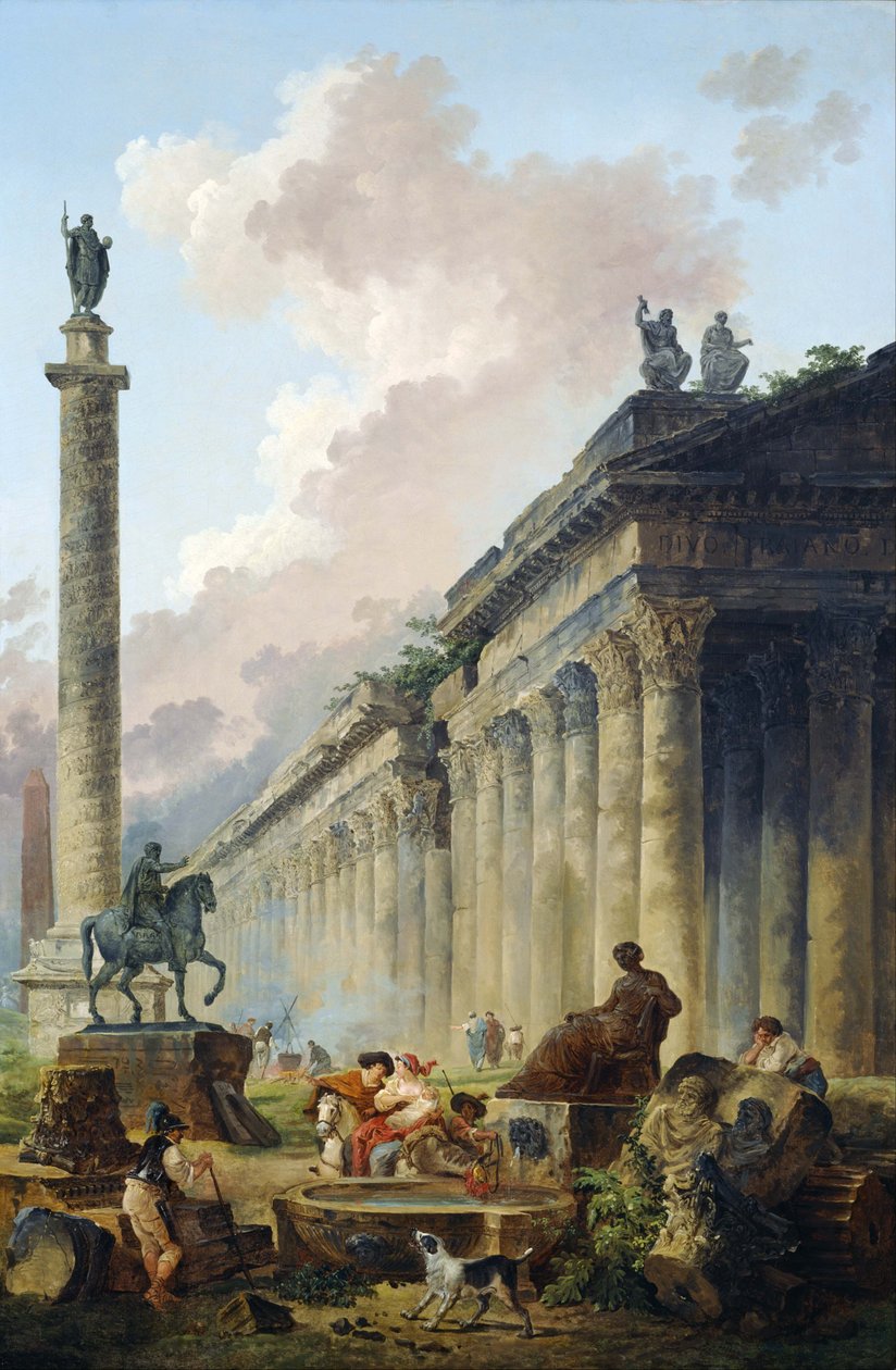 Fantasibilde av Roma med rytterstatuen av Marcus Aurelius, Trajans søyle og tempelet av Hubert Robert