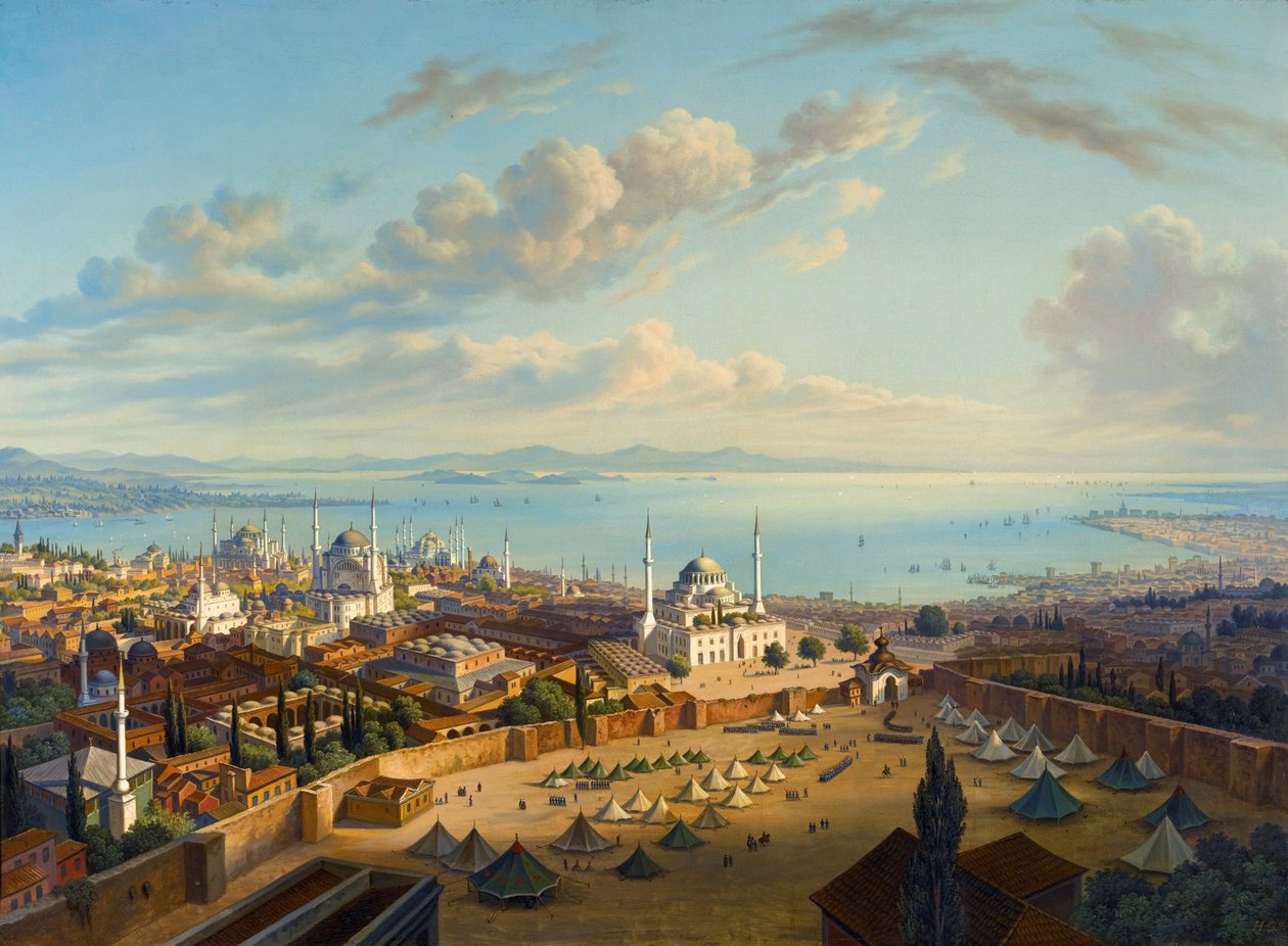 ""Utsikt over Konstantinopel fra tårnet i Serasker (Bayezid eller Seraskier)"" (Konstantinopel fra branntårnet i Beyazit) Maleri av Hubert Sattler (1817-1904) Olje på lerret, 74x101,5 - Privat samling av Hubert Sattler