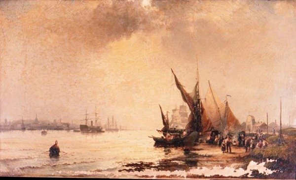 Fiskere ved bredden i en rolig elvemunningsscene ved daggry av Hubert Thornley