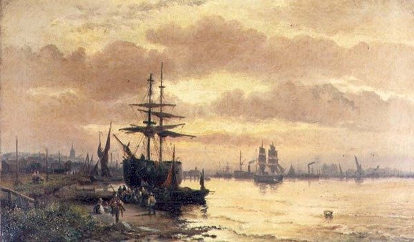 Fiskere ved bredden av en elvemunning ved solnedgang av Hubert Thornley