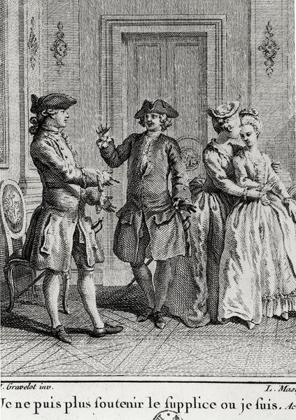 Jeg orker ikke plagene her lenger der jeg er, illustrasjon for Eugenie av Beaumarchais, gravert av Louis Joseph Masquelier (1741-1811) av Hubert after Gravelot