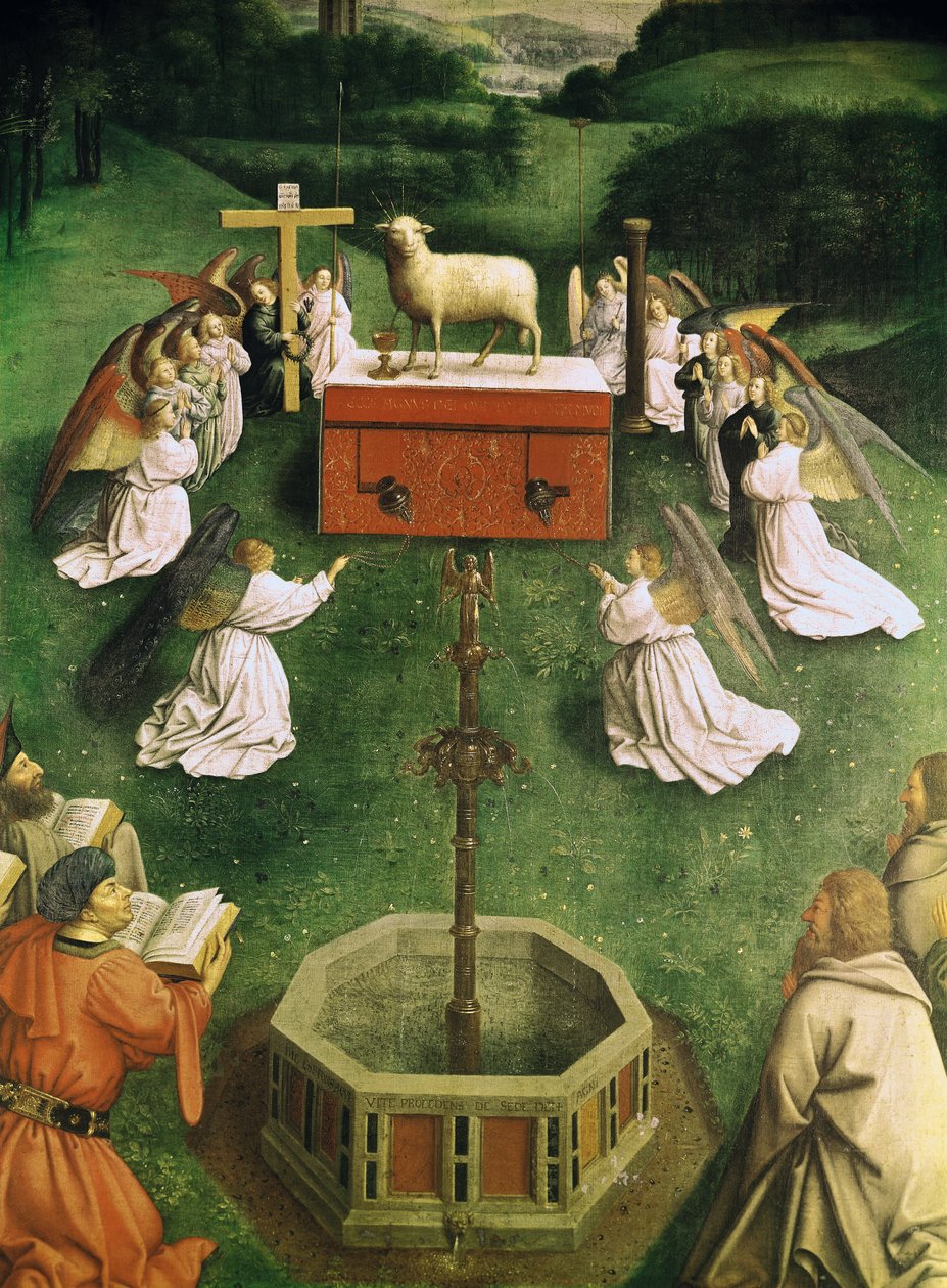 Kopi av The Adoration of the Mystic Lamb, fra Gent-altertavlen, nedre halvdel av sentralpanelet (olje på panel) (se også 166057) av Hubert and Jan van  Eyck