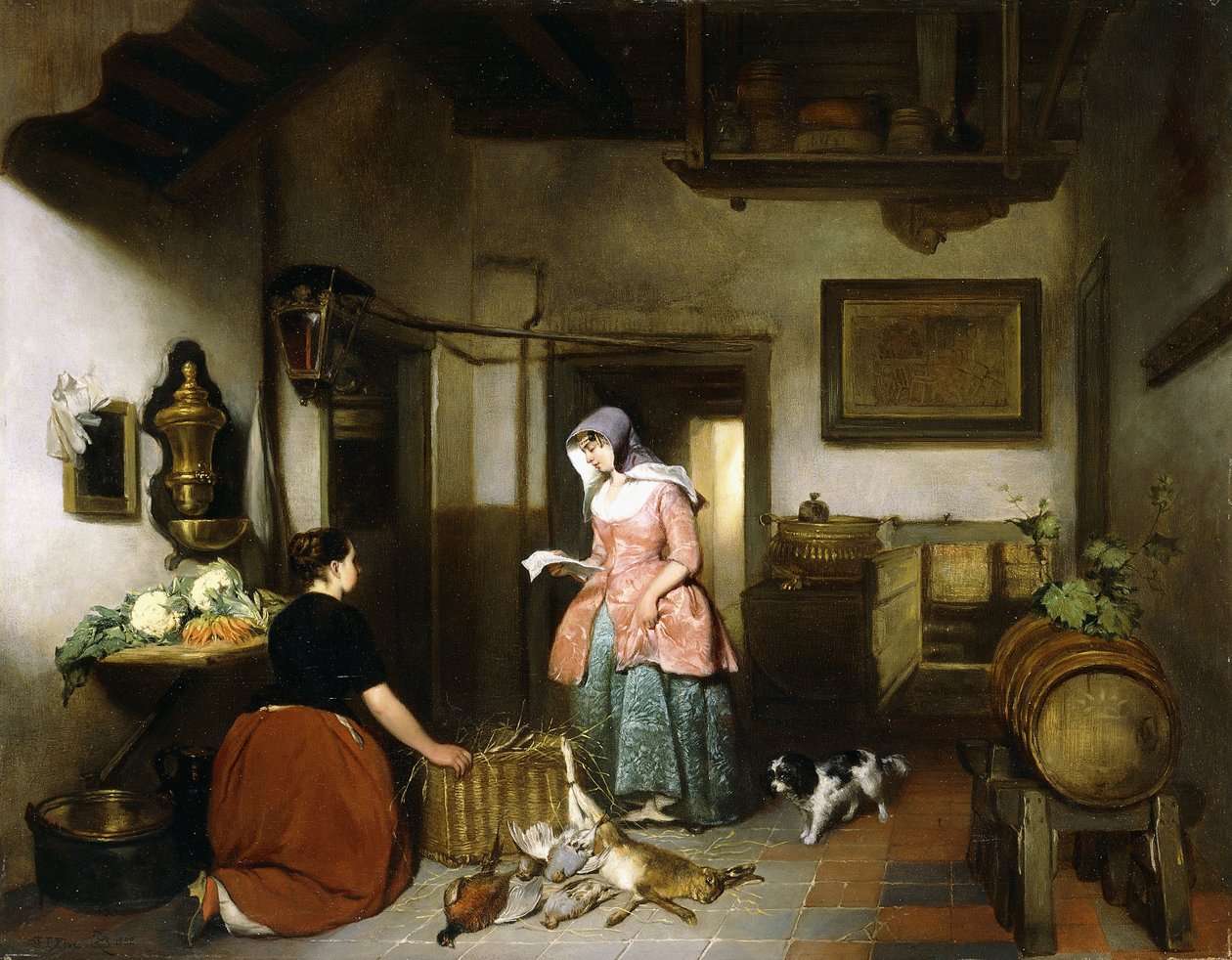 Interiør i en spiskammer med rengjøringsspill for kvinner, 1852 av Hubertus van Hove