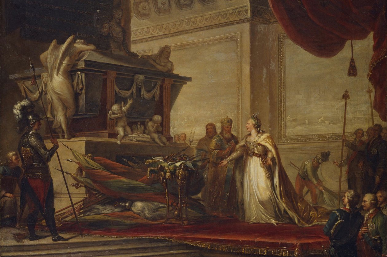 Catherine II legger trofeene fra slaget ved Chesma på graven til Peter den store, 1791 av Hüne