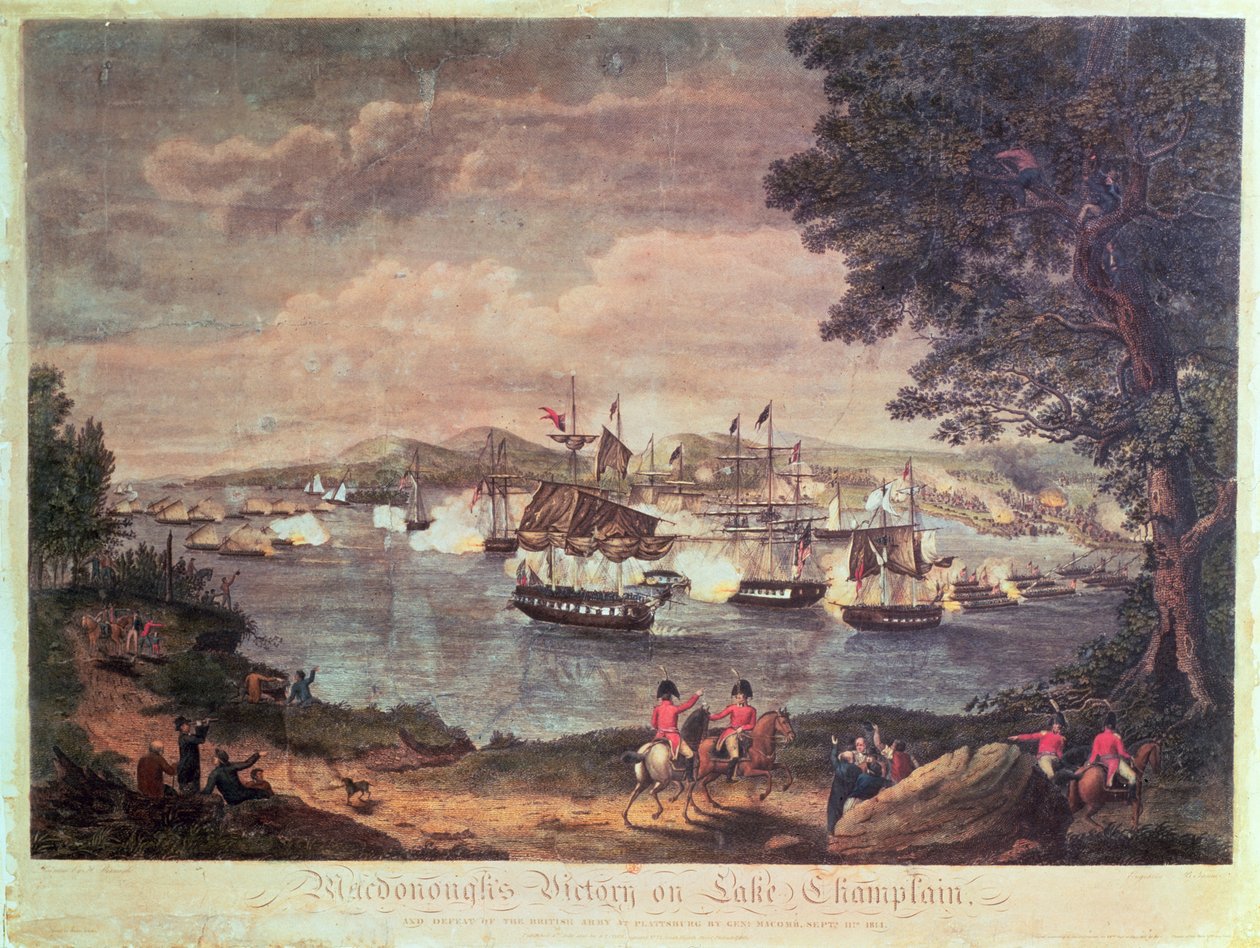 Macdonoughs seier ved Champlainsjøen og den britiske hærens nederlag ved Plattsburg av general Macomb 11. september 1814, 1816 (fargegravering) av Hugh Reinagle