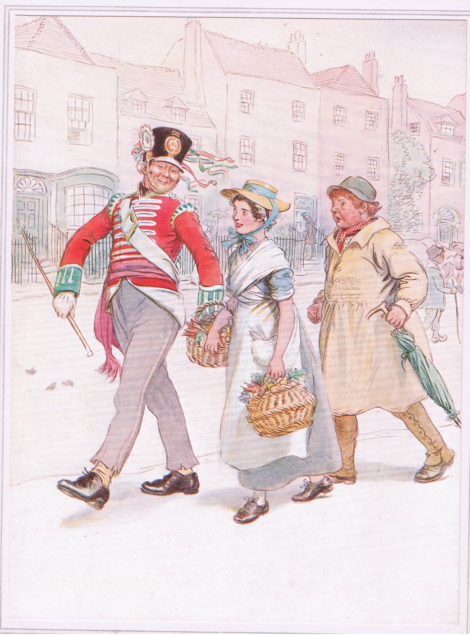 En soldat med en jente passerer-yokel følger sint etter. av Hugh Thomson