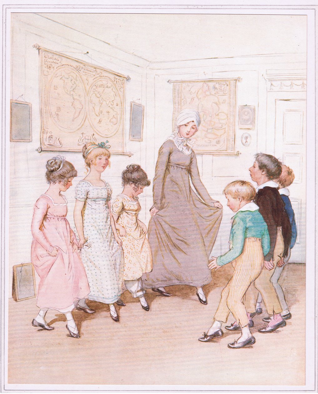 Frøken Phoebe gir en dansetime til et halvt dusin elever, og gjør sitt aller beste. av Hugh Thomson