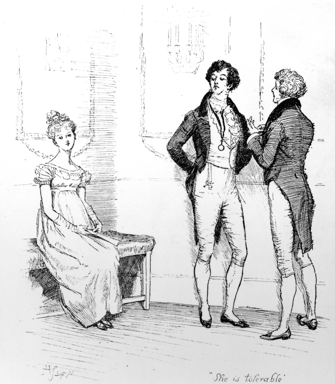 'She is tolerable', illustrasjon fra 'Pride und Prejudice' av Jane Austen, utgave utgitt i 1894 av Hugh Thomson