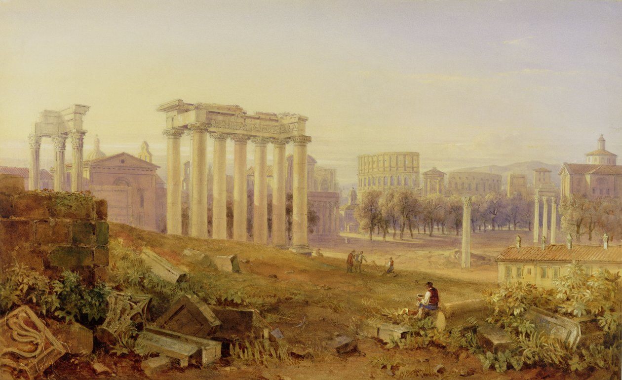 Across the Forum, Roma, 1828 (wc og gouache over grafitt på papir) av Hugh William Williams