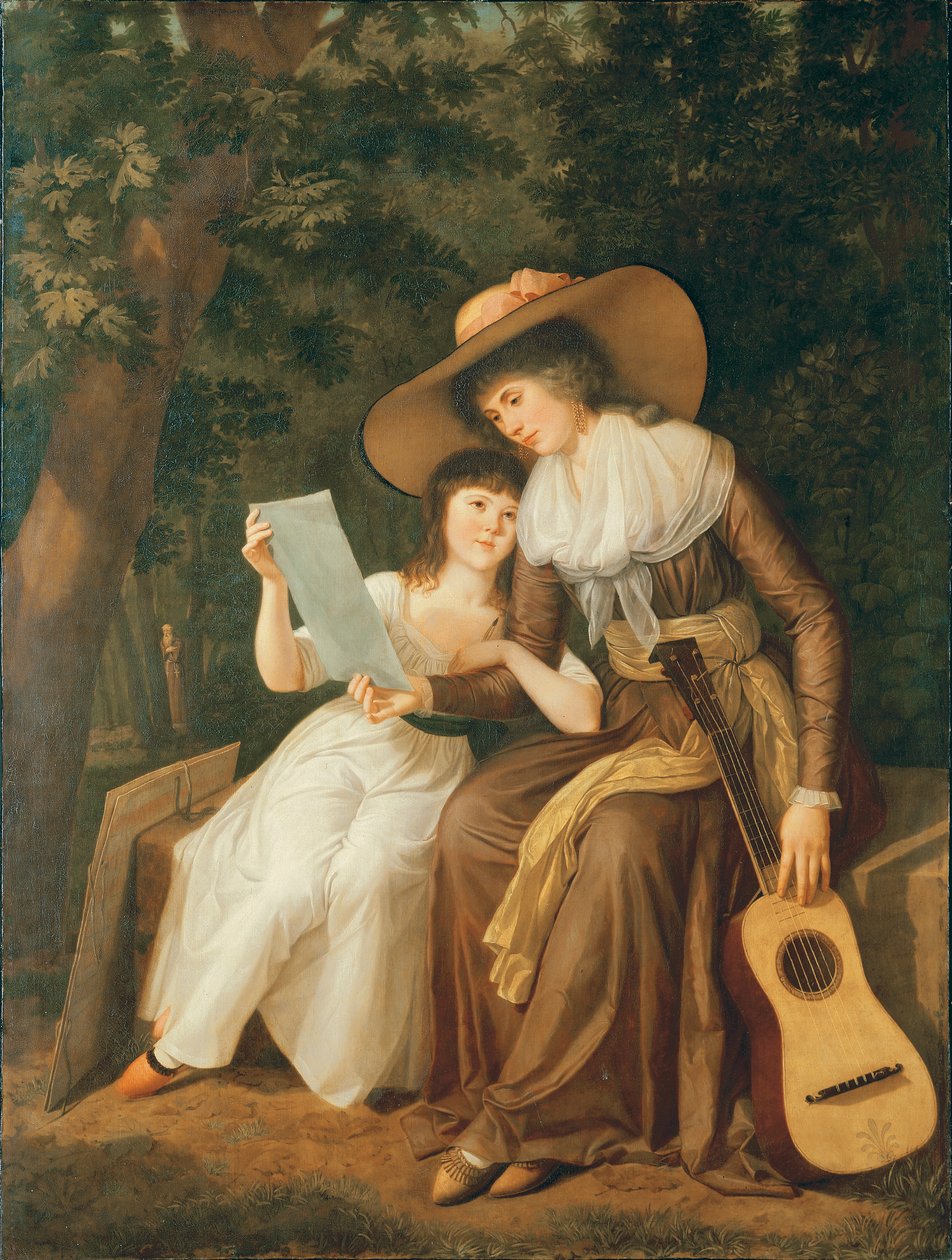 Dobbeltportrett av Mary, grevinne av Erne, med datteren Lady Caroline Crichton, senere Lady Wharncliffe, sittende i full lengde, førstnevnte i en brun kjole med gult ramme, iført et stort sugerør av Hugh Douglas Hamilton