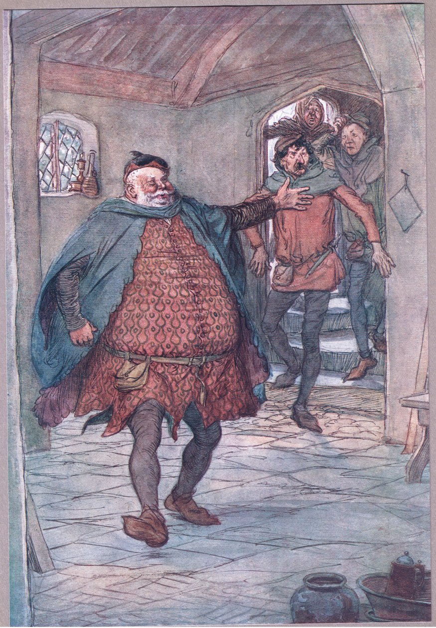 Enter Falstaff, pistol, Nym og Bardolph, illustrasjon fra The Merry Wives of Windsor, 1910 av Hugh Thomson
