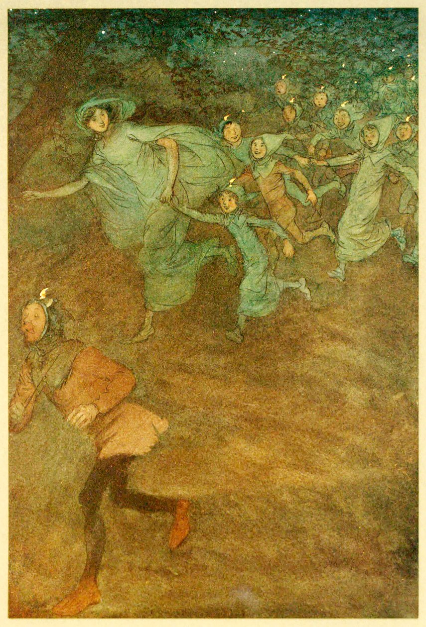 Gå inn på Sir Hugh Evans, Anne Page og andre, fra The Merry Wives of Windsor, 1910. av Hugh Thomson