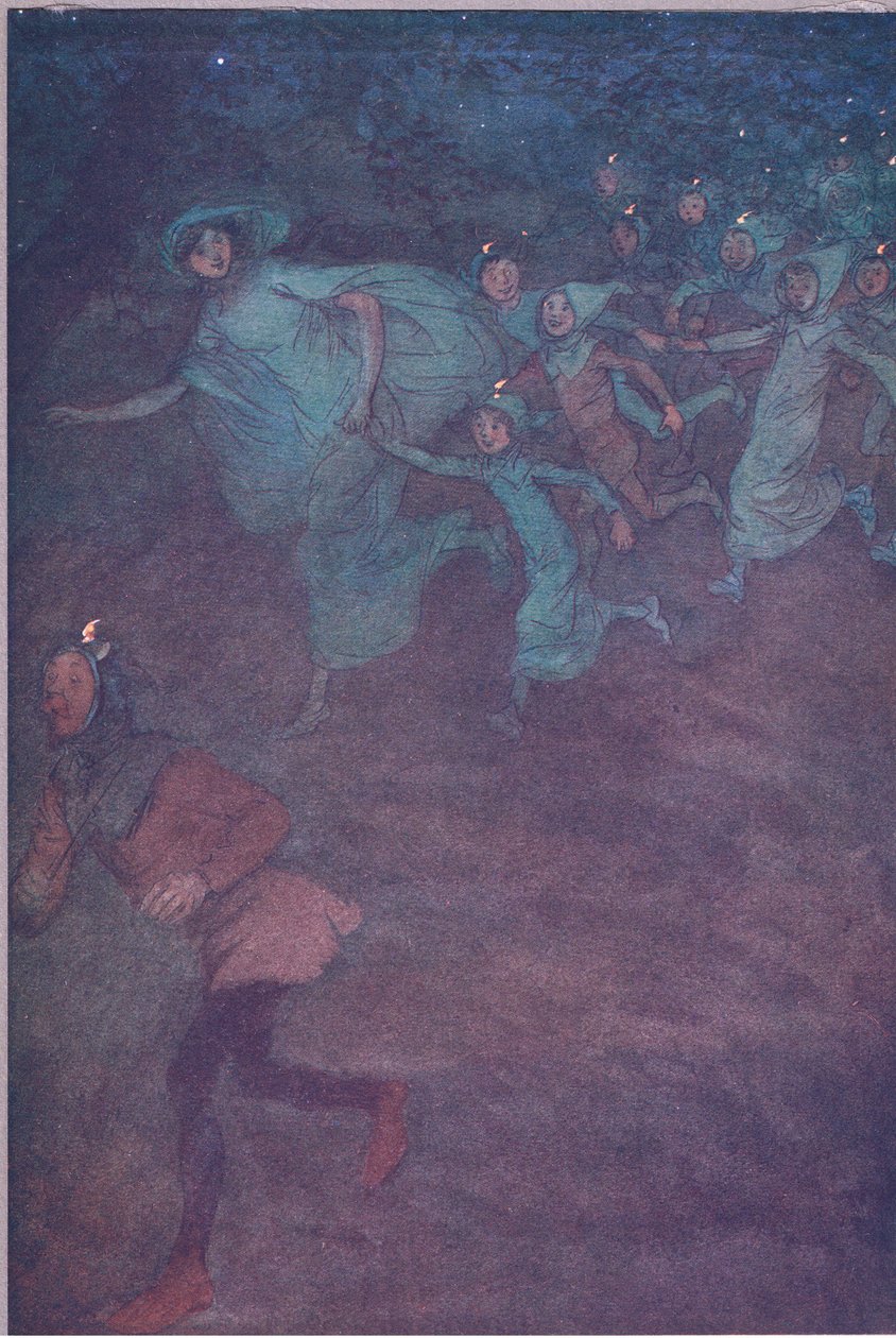 Gå inn på Sir Hugh Evans, Anne Page og de andre, illustrasjon fra The Merry Wives of Windsor, 1910 av Hugh Thomson