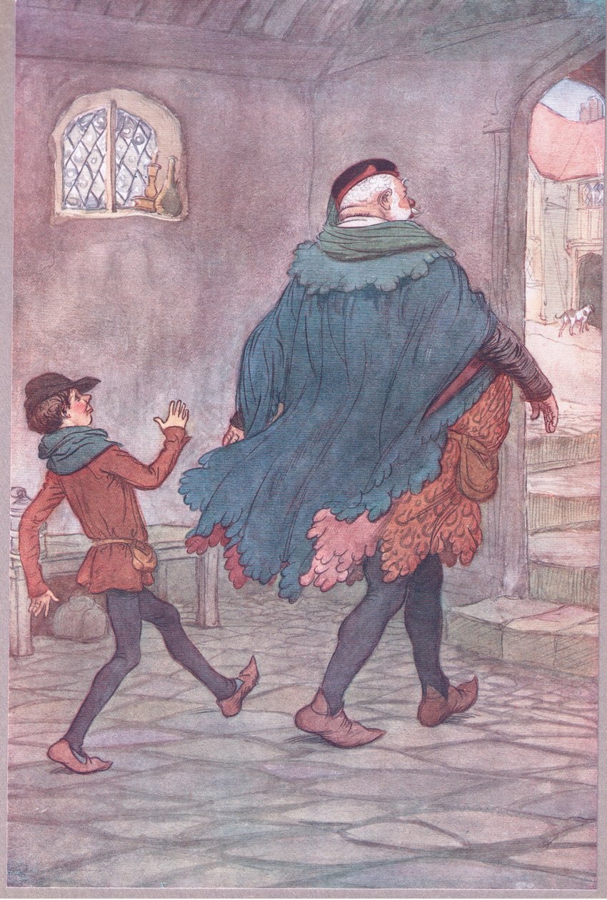 Exeunt Falstaff and Robin, illustrasjon fra The Merry Wives of Windsor, 1910 av Hugh Thomson