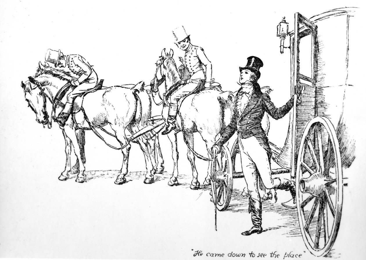 'Han kom ned for å se stedet', illustrasjon fra 'Pride und Prejudice' av Jane Austen, utgave utgitt i 1894 av Hugh Thomson