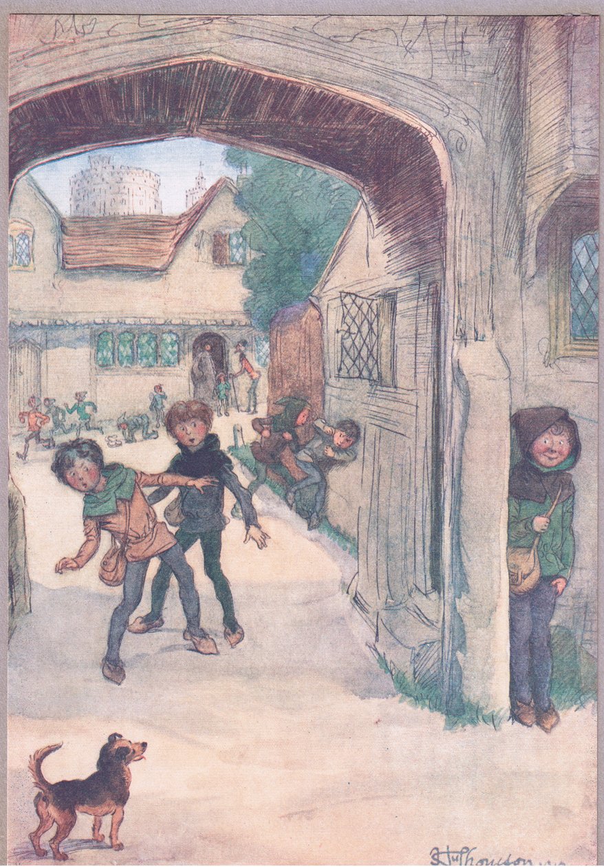"Master Slender lar guttene dra for å leke", illustrasjon fra 'The Merry Wives of Windsor' av Hugh Thomson
