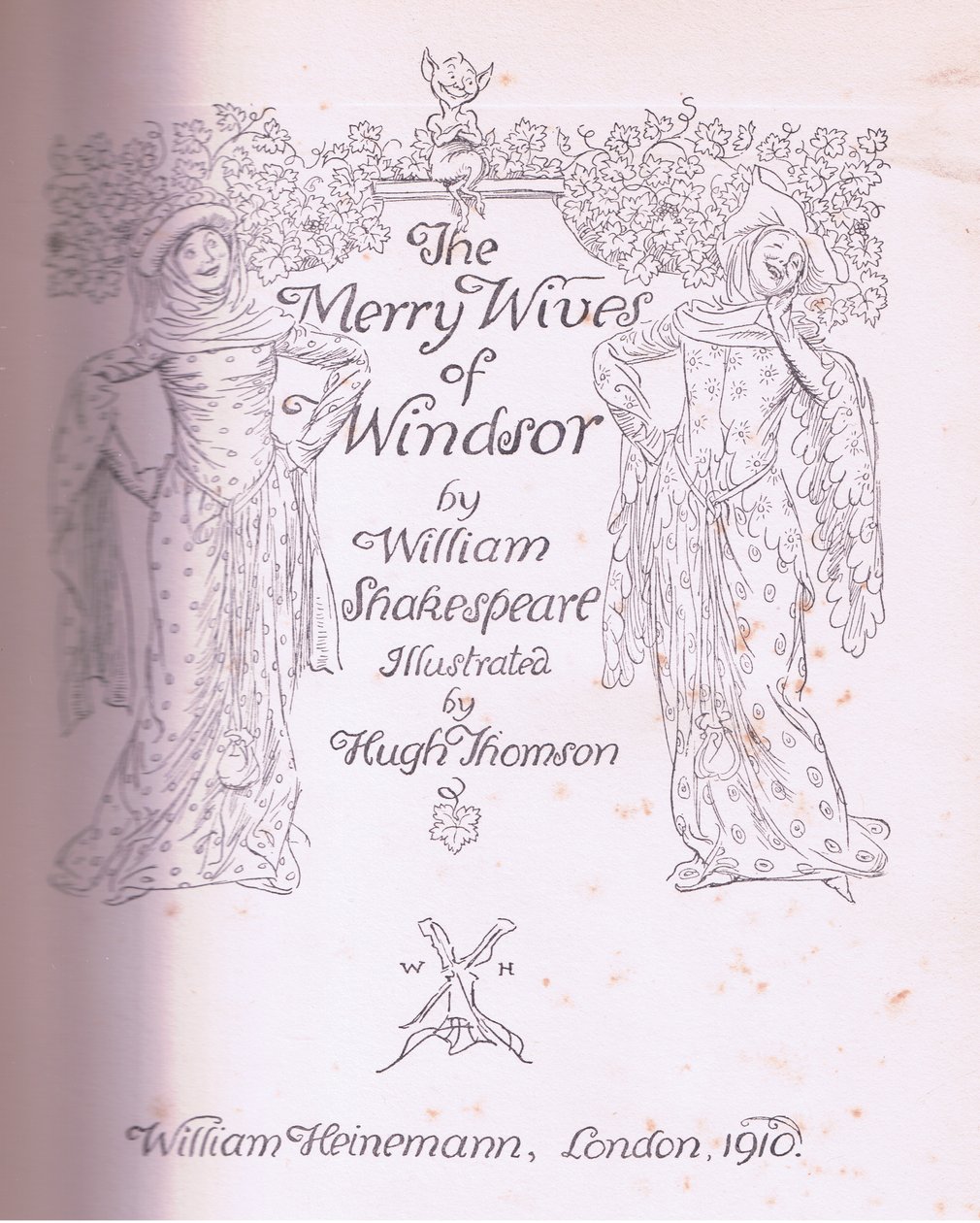 Tittelsidedesign, illustrasjon fra The Merry Wives of Windsor, 1910 av Hugh Thomson