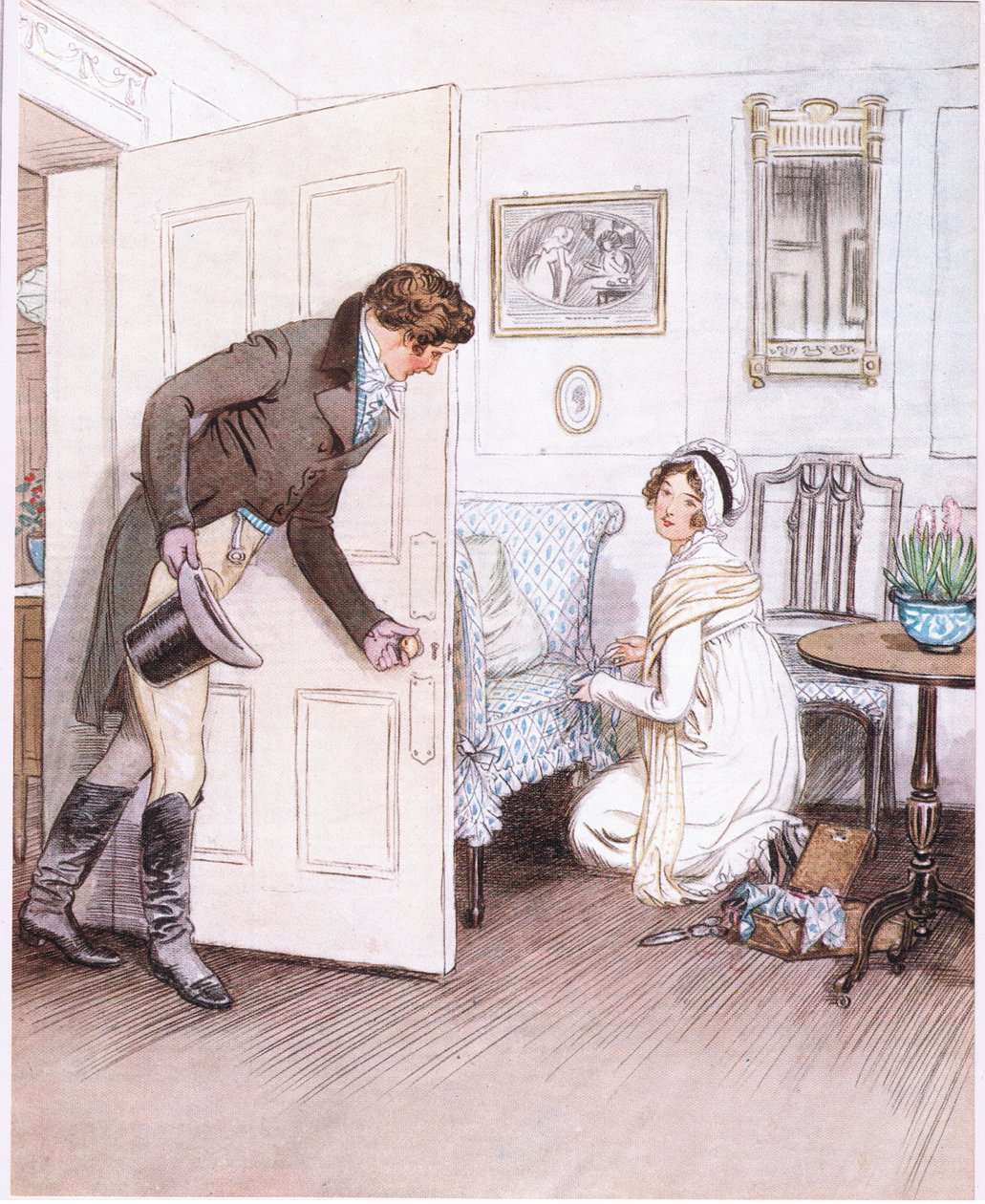 Valentine: "Å se henne på knærne, dekorere de små bena på sofaen med dikkedarer som om det var et barn". (litho) av Hugh Thomson