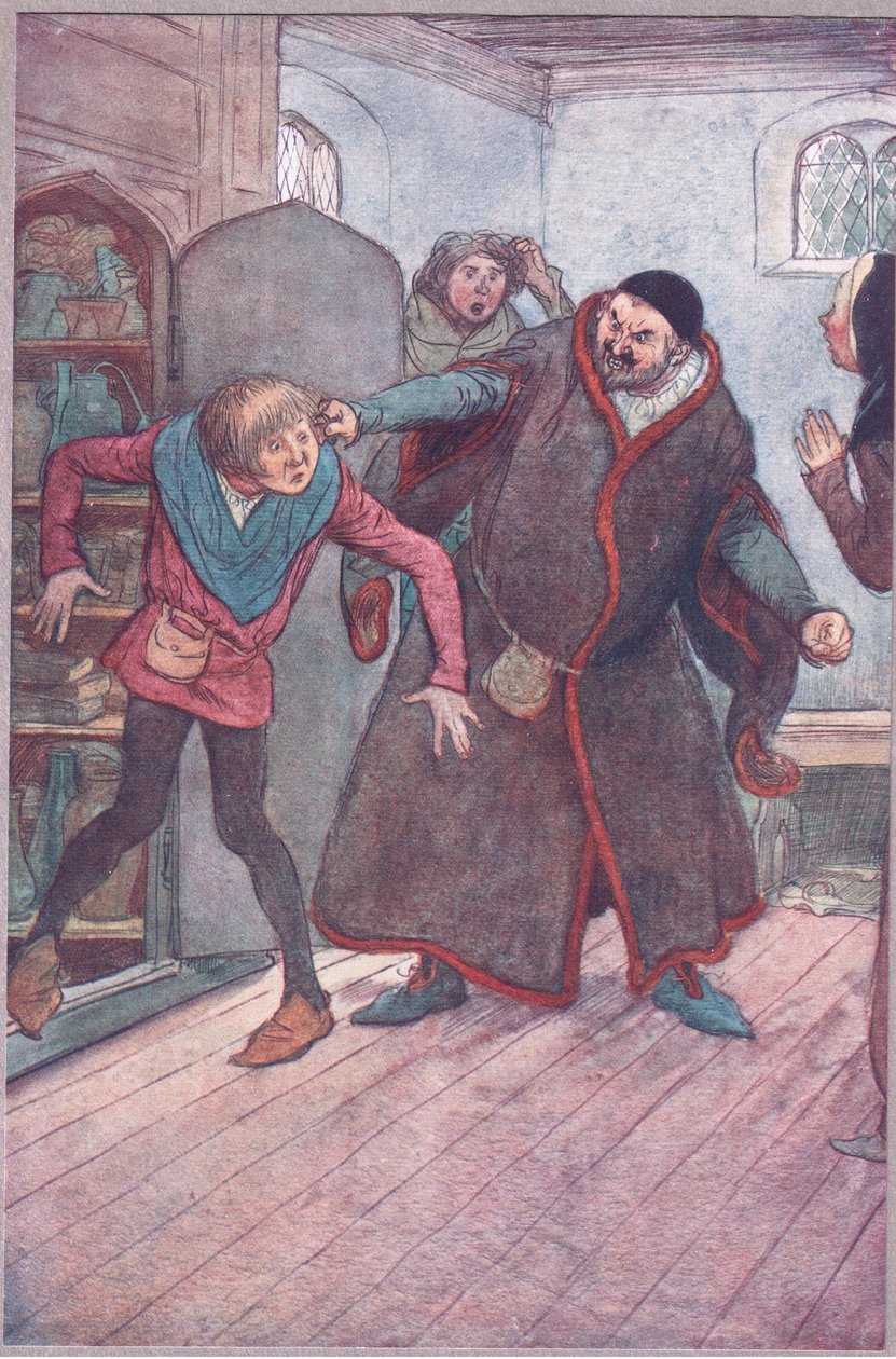 Kriminell, kjeltring! Larron! (Pulling Simple out), illustrasjon fra The Merry Wives of Windsor, 1910 av Hugh Thomson
