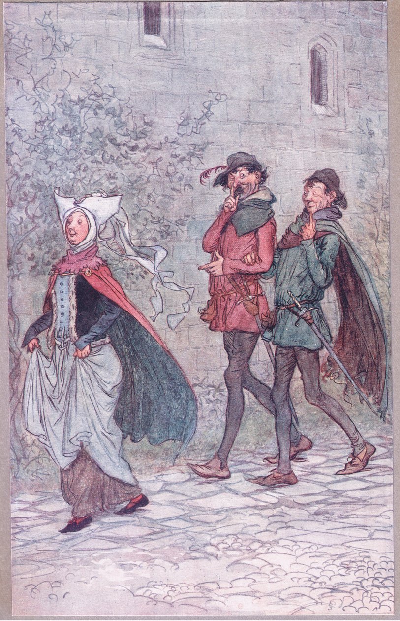 Da fru Bridget mistet håndtaket på fanen sin, illustrasjon fra The Merry Wives of Windsor, 1910 av Hugh Thomson