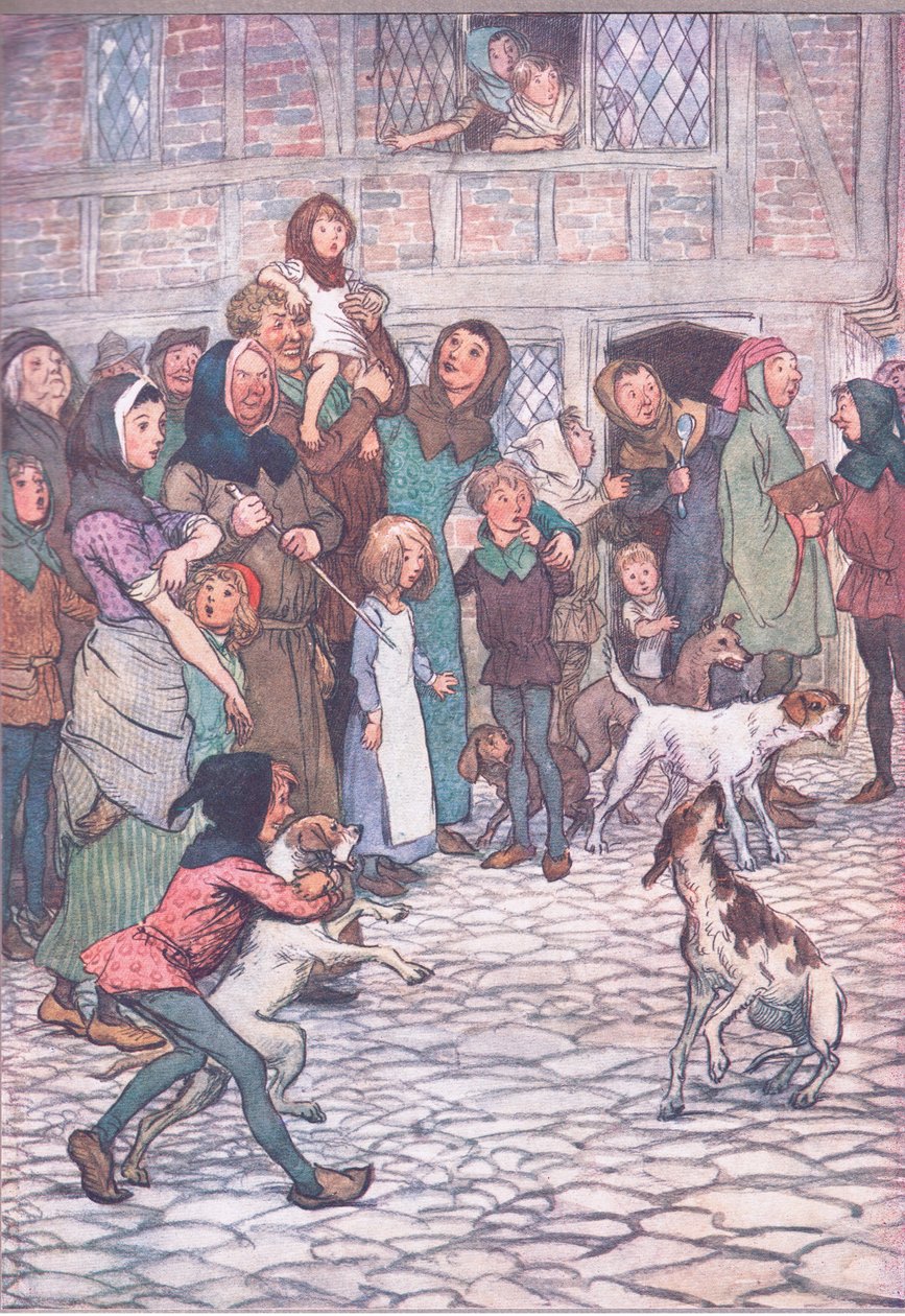 Hvorfor bjeffer hundene dine så? Be there bears I the town?, illustrasjon fra The Merry Wives of Windsor, 1910 av Hugh Thomson