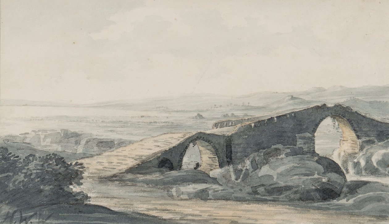 Devils Bridge ser mot havet, River And, co.1818 (wc på papir) av Hugh William Williams