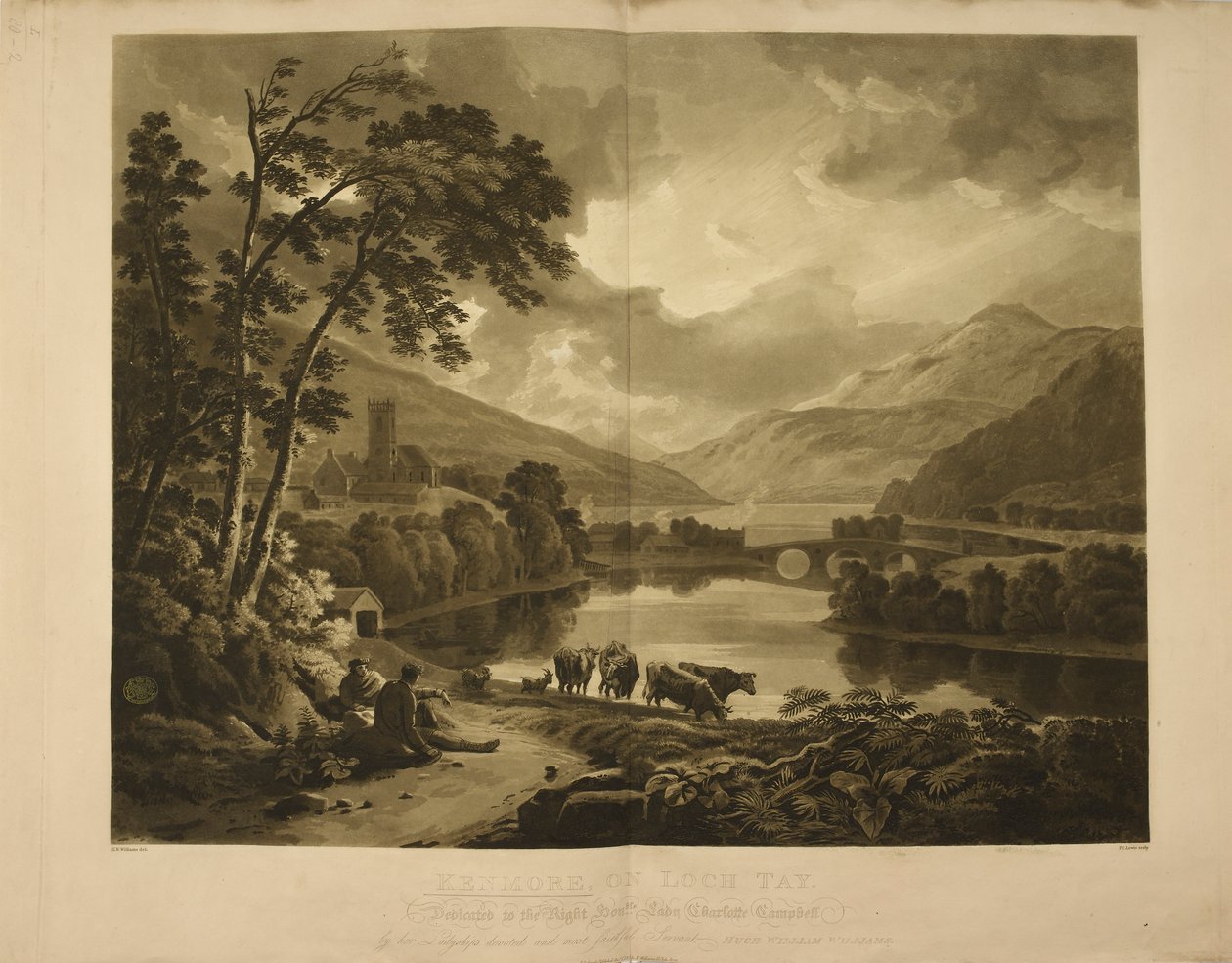 Illustrasjon som viser en utsikt over Kenmore på Loch Tay i Skottland. Et innsjø og fjellandskap i høylandet. av Hugh William Williams