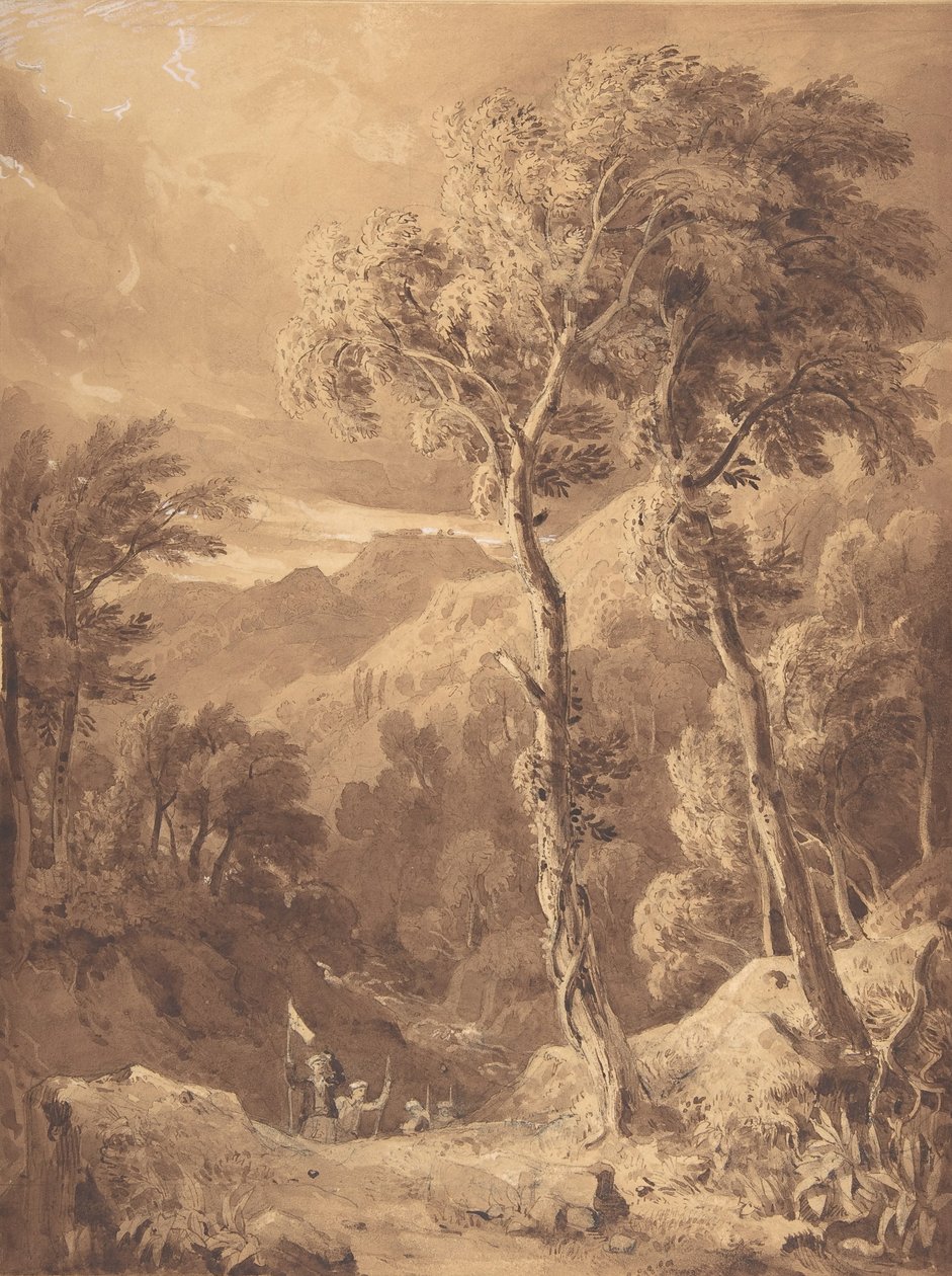 Fjelllandskap med en reisefølge ved elven Pellene Achaia, 1818-29. av Hugh William Williams