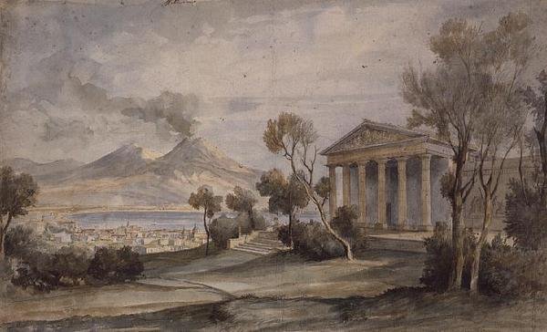 PD.255-1985 Villa Saliceti, Napoli nedenfor og Vesuv i det fjerne av Hugh William Williams