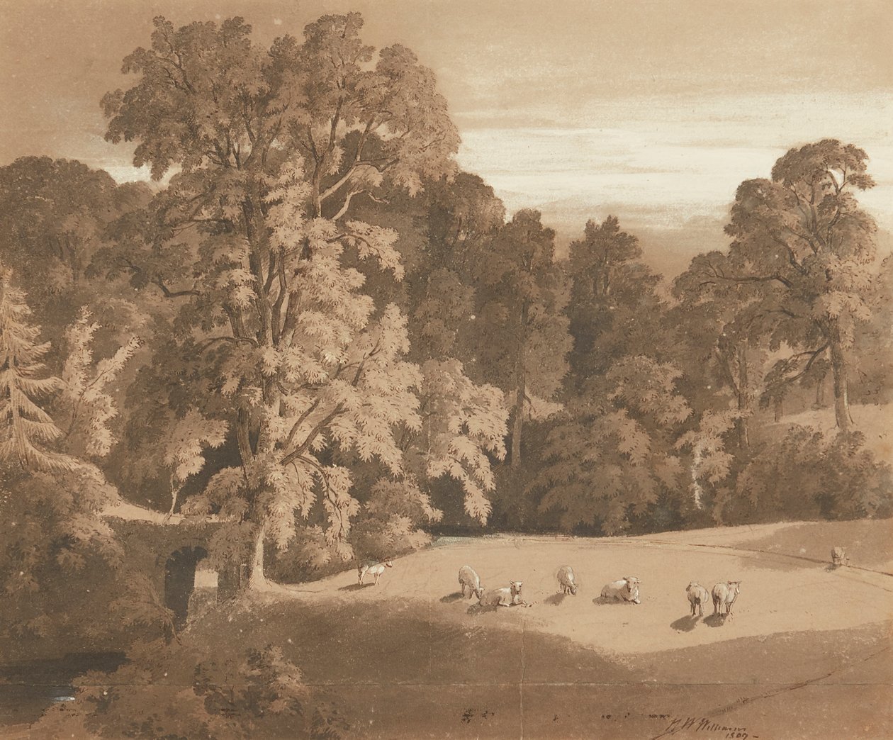 Parkland ved Minto House (penn og blekk og vask) av Hugh William Williams