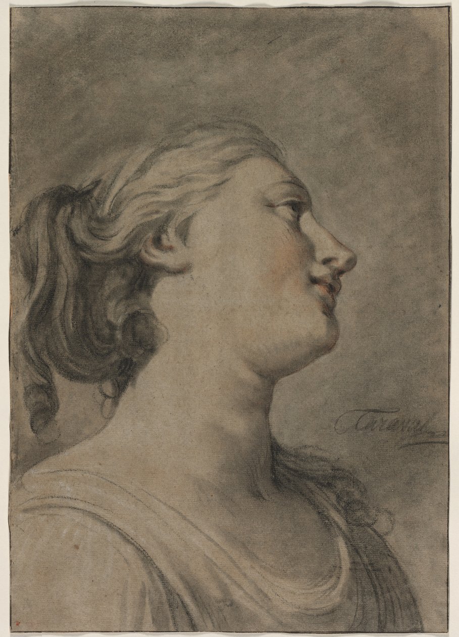 Hodet til en kvinnelig figur i profil, vendt mot høyre, ca. 1763-1770. av Hughes Taraval