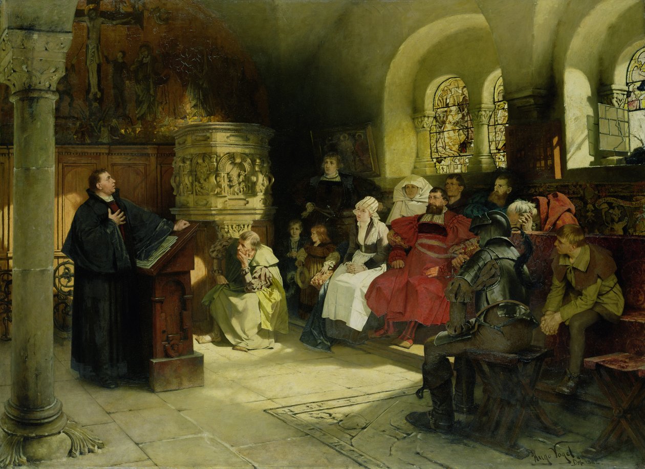 Luther forkynner ved å bruke sin bibeloversettelse mens han satt i fengsel i Wartburg, 1882 av Hugo Vogel