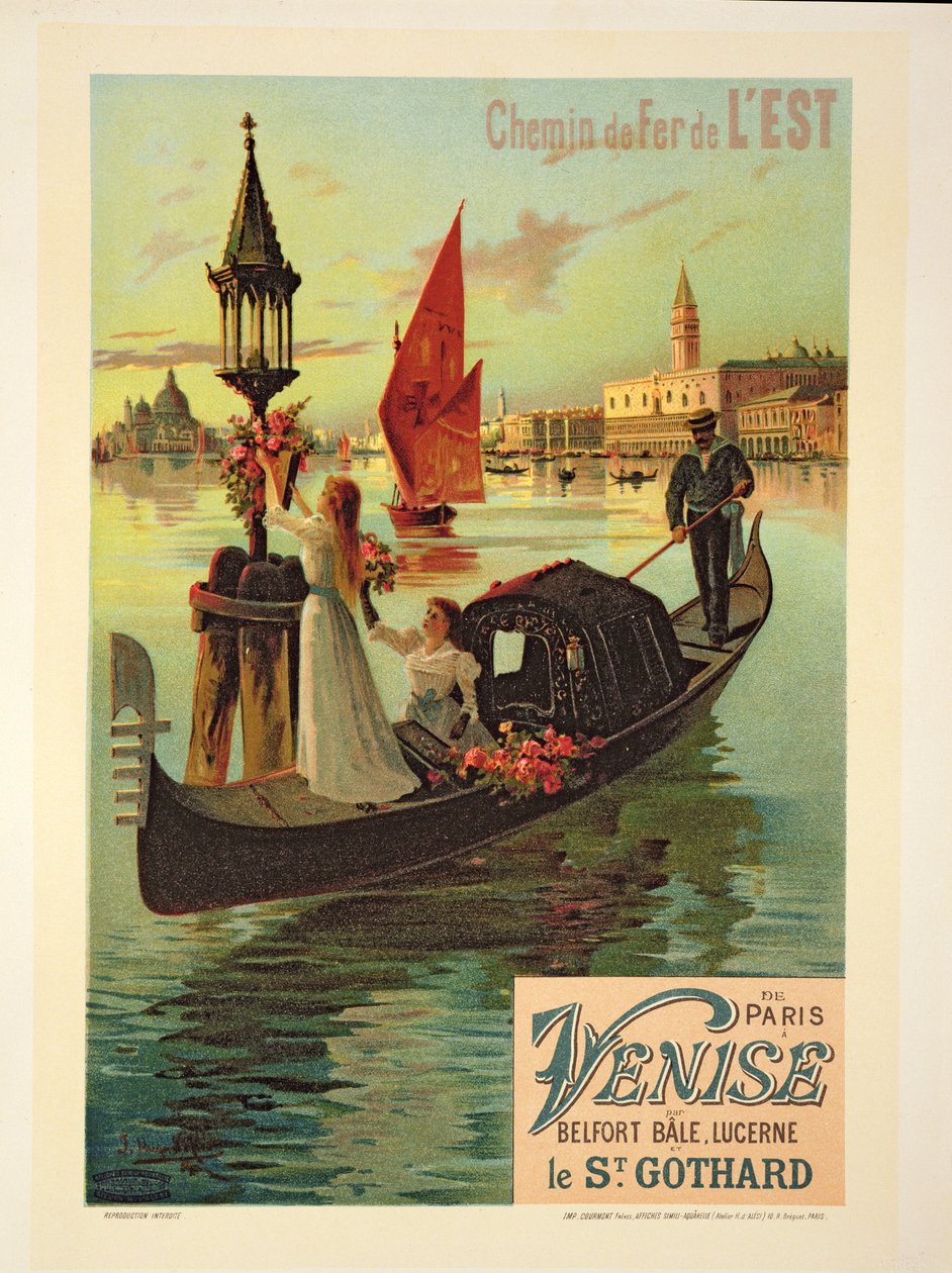 Reproduksjon av en plakat som annonserer den østlige jernbanen fra Paris til Venezia av Hugo d