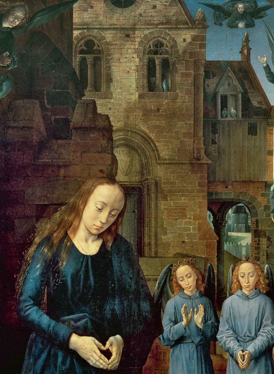 Kristusbarn tilbedt av engler, sentralpanel på Portinari-altertavlen, ca. 1479 (detalj av 9619) av Hugo van der Goes