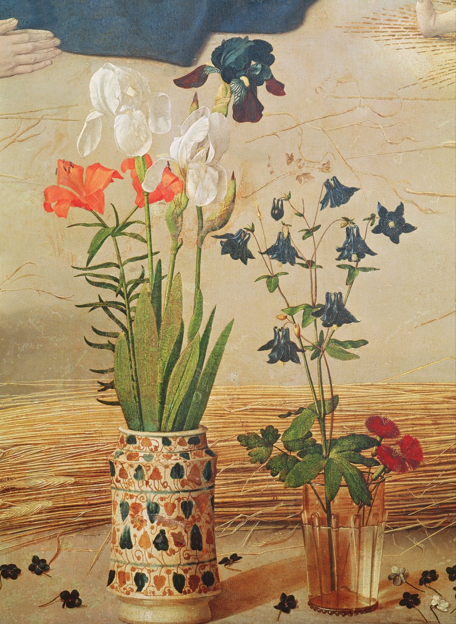 Blomsterdetalj, fra sentralpanelet til Portinari-altertavlen, ca. 1479 av Hugo van der Goes