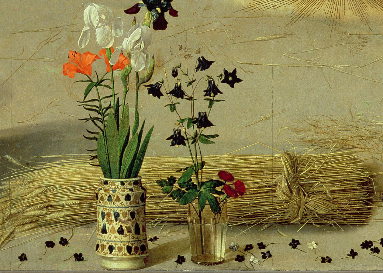 Blomsterdetalj, fra sentralpanelet til Portinari-altertavlen, ca. 1479 (detalj av 9619) av Hugo van der Goes