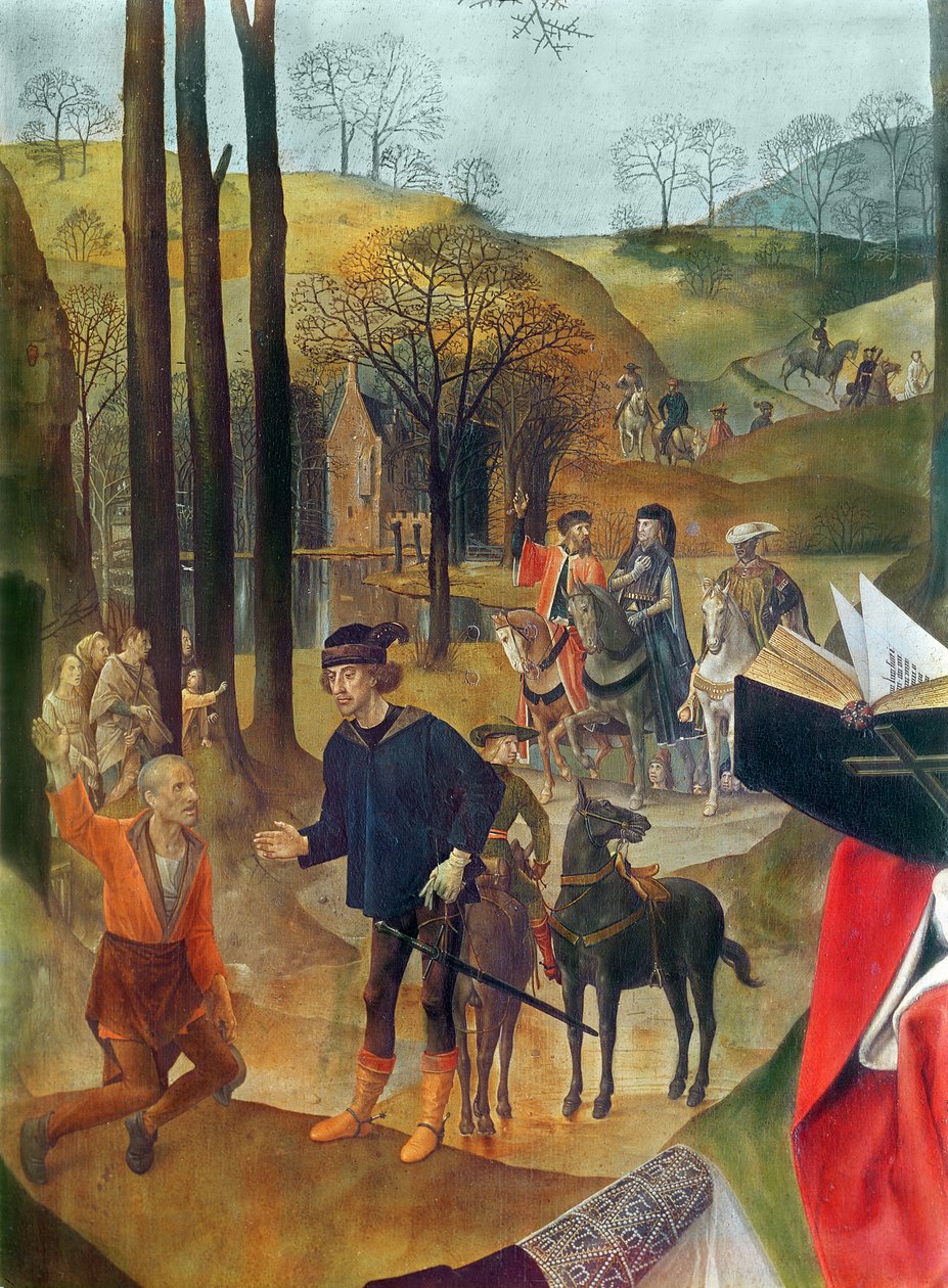 Portinari-altertavle, detalj på høyre panel av magienes ankomst, olje på panel ca. 1479 av Hugo van der Goes