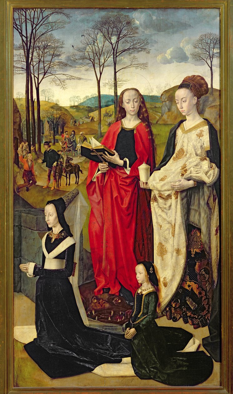 Portinari-altertavlen, St. Mary Magdalen og St. Margaret med Maria Baroncelli og datteren Margherita Portinari, høyre fløy, ca. 1479 av Hugo van der Goes