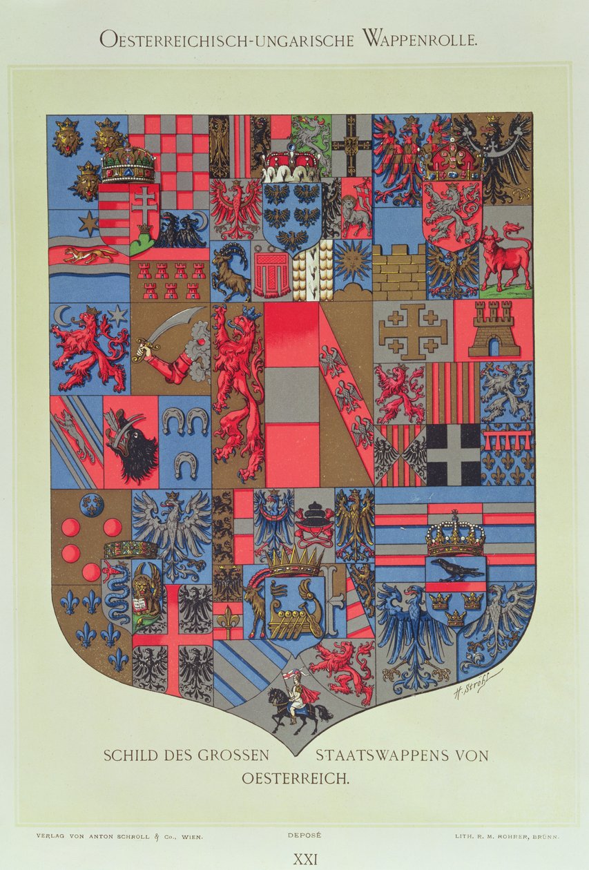 01315 Våpenskjold fra det østerriksk-ungarske riket, som viser våpenlagrene til det keiserlige østerrikske hoffet gravert av R. M. Rohrer (farget litho) av Hugo Gerard Strohl