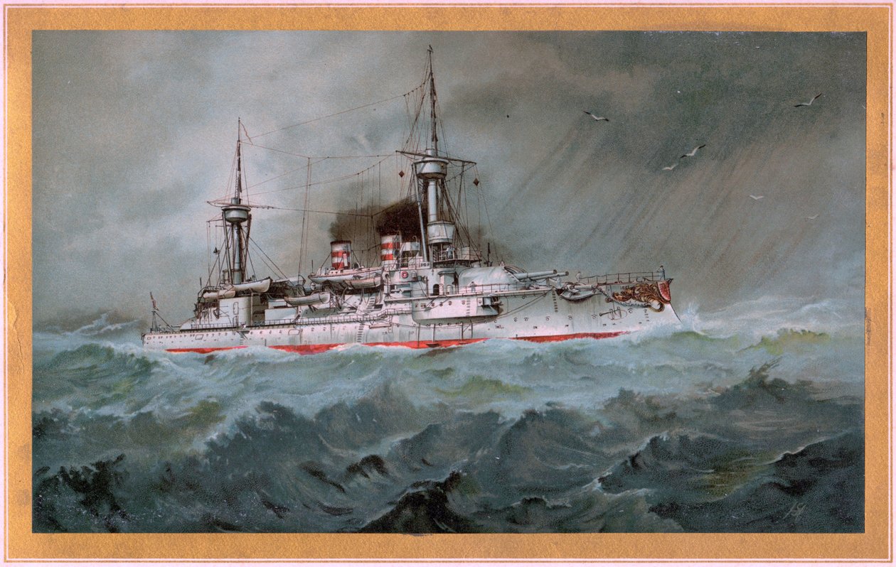 SMS Linienschiff Brandenburg (våpenskjold rød ørn på hvitt skjold, SMS Wörth = svart keiserørn på gullskjold) av Hugo Graf