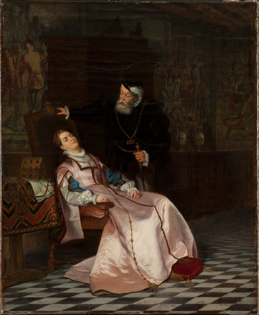 Gustav Vasa finner sin kone Catherine Stenbock sovende og hører henne si kong Gösta jeg elsker..., 1 av Hugo Salmson