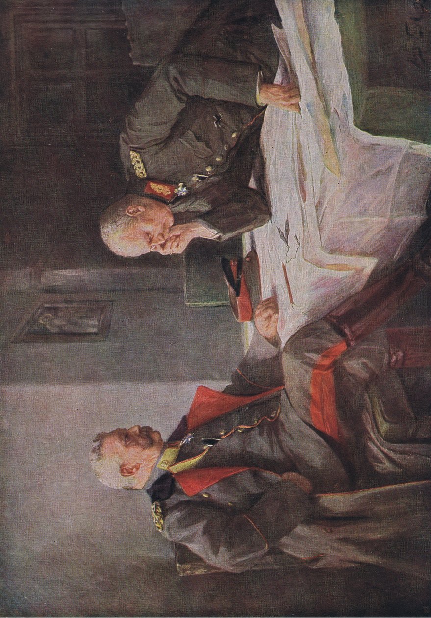Studerer en krigsplan, illustrasjon fra Hindenburg utgitt av Daterlandischer Derlag C U Weller Berlin, 1922 av Hugo Vogel